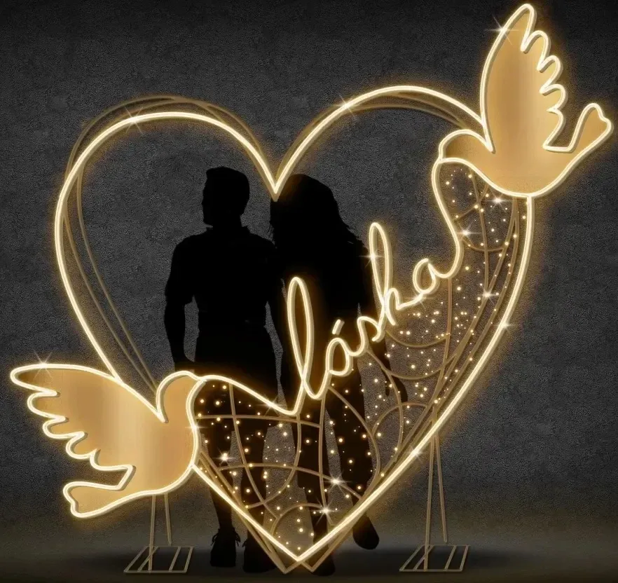 Coeur lumineux 2D LED, 190 × 180 cm, blanc chaud, debout, impression 3D