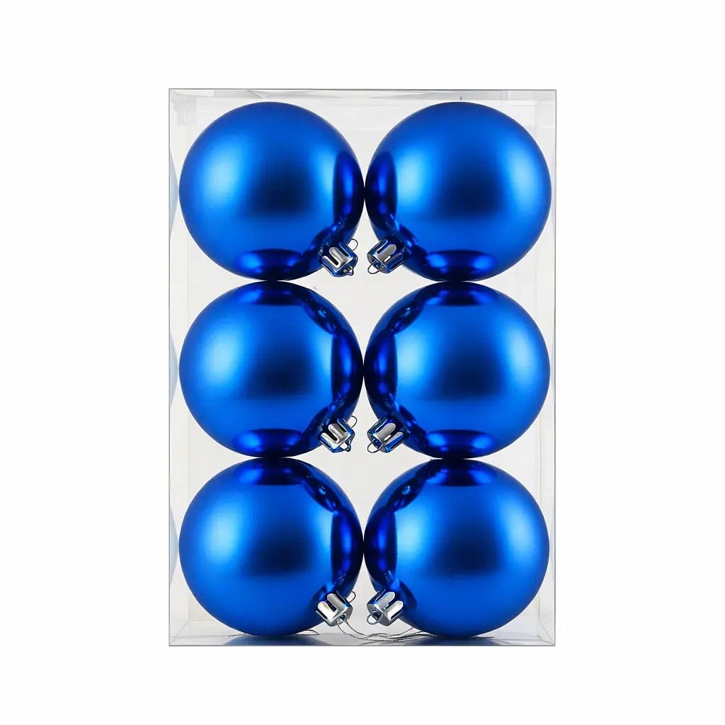 Set de décorations de Noël bleu brillant 10 cm boule en plastique, pack de 6