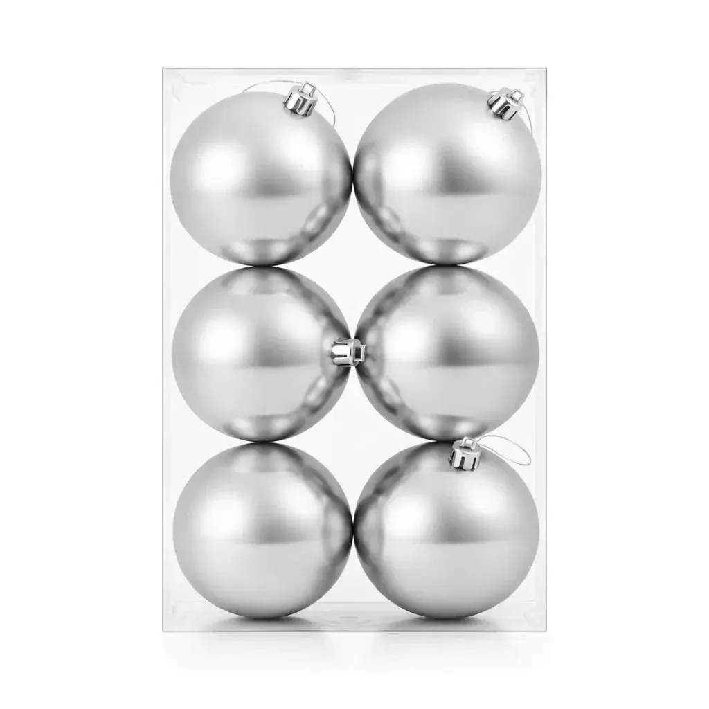 Lot de 6 boules de Noël en plastique argenté brillant de 10 cm