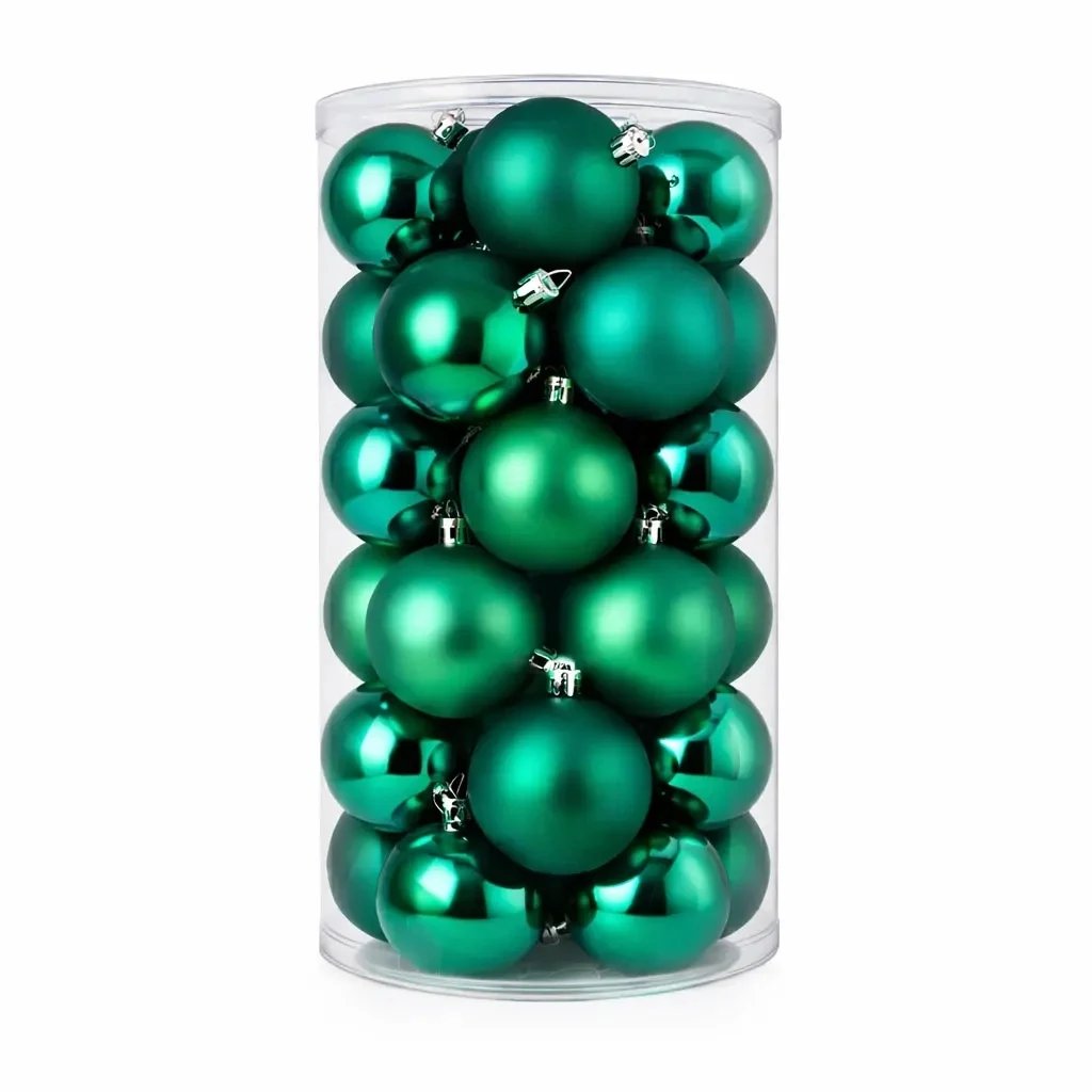 Set de boules de Noël vert paon 8 cm en plastique, 12× brillant, 12× mat, paquet de 24 pièces
