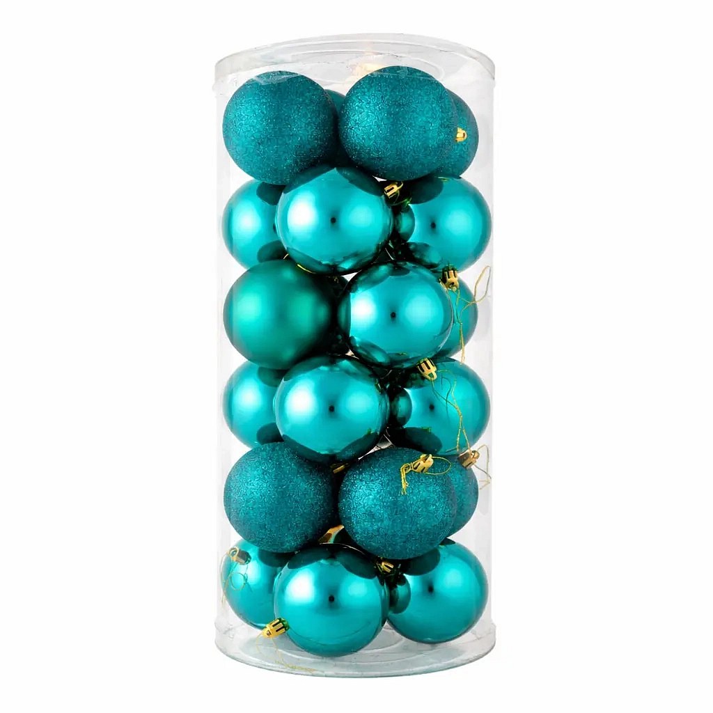 Set d'ornements de Noël vert paon 8 cm boules en plastique, 8× mat, 8× pailleté, 8× brillant, paquet de 24 pcs