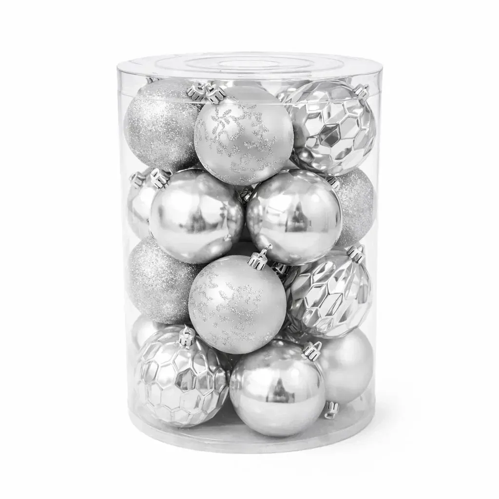 Set de boules de Noël argentées de 8 cm en plastique, paquet de 20 pièces