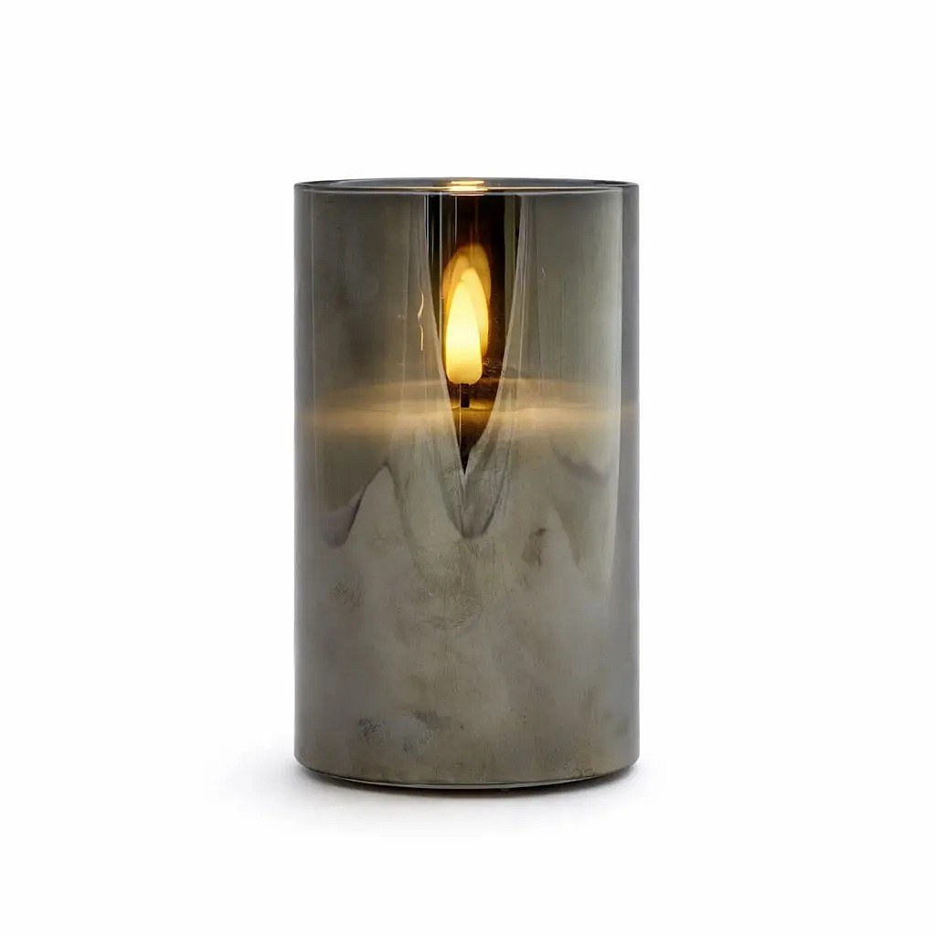 Bougie LED à piles en verre, Ø 7,5 × 15 cm, gris, 2× AA, blanc chaud