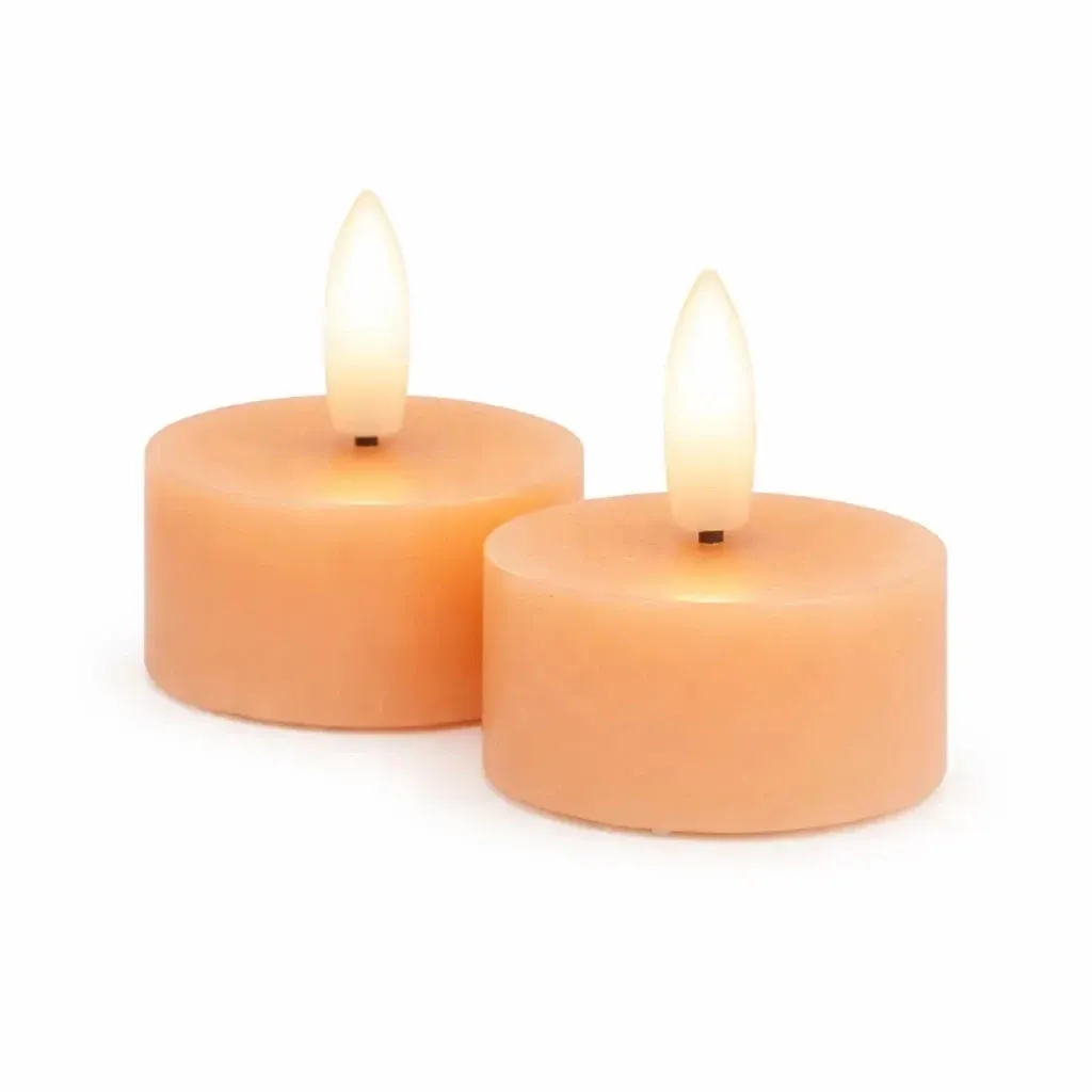 Set de bougies chauffe-plat LED à piles Sille Tealight, Ø 4,5 × 2,2 cm, pêche, en cire véritable, paquet de 2