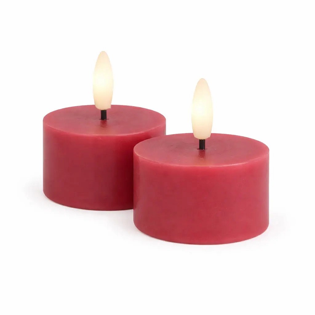 Set de bougies chauffe-plat LED à piles Sille Tealight, Ø 6 × 3,4 cm, prune foncé, en cire véritable, paquet de 2