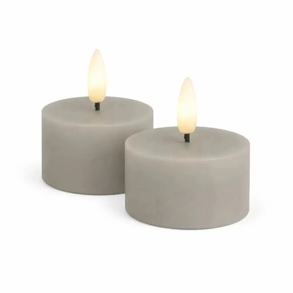 Set de bougies chauffe-plat LED à piles Sille Tealight, Ø 6 × 3,4 cm, gris chaud, en cire véritable, paquet de 2