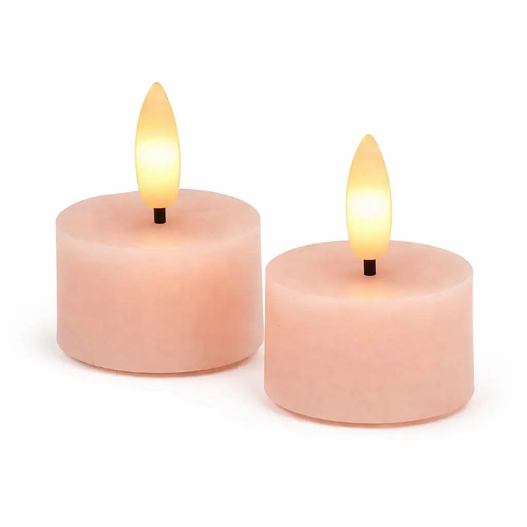 Set de bougies chauffe-plat LED à piles Sille Tealight, Ø 4,5 × 2,2 cm, pêche foncée, en cire véritable, paquet de 2