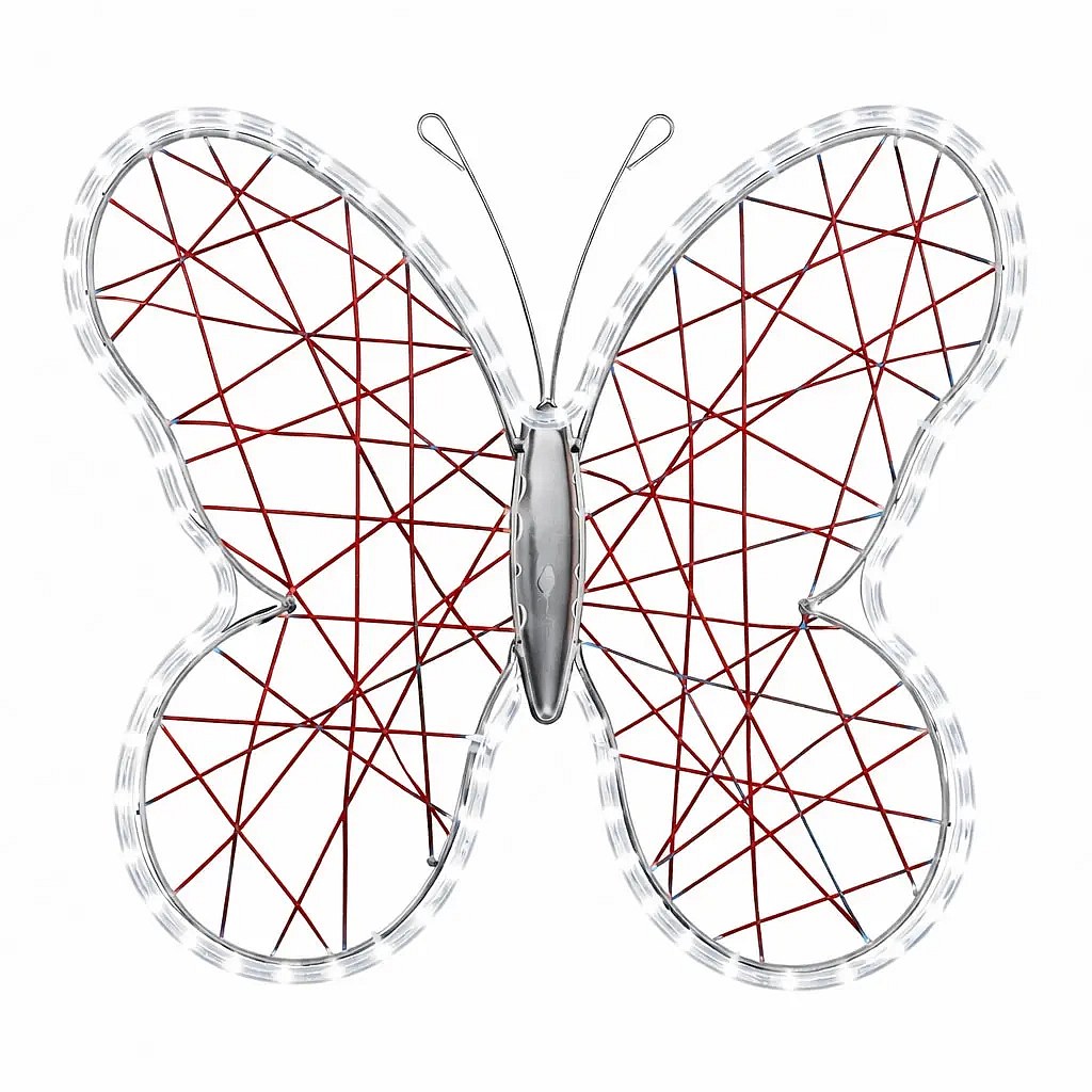 Easy Fix 3D papillon lumineux rouge 70 cm décoration de Pâques, LED blanc glacé, tresse en plastique et cadre en aluminium