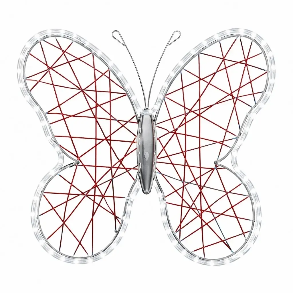 Easy Fix 3D papillon lumineux rouge 70 cm décoration de Pâques, LED blanc glacé, tresse en plastique et cadre en aluminium