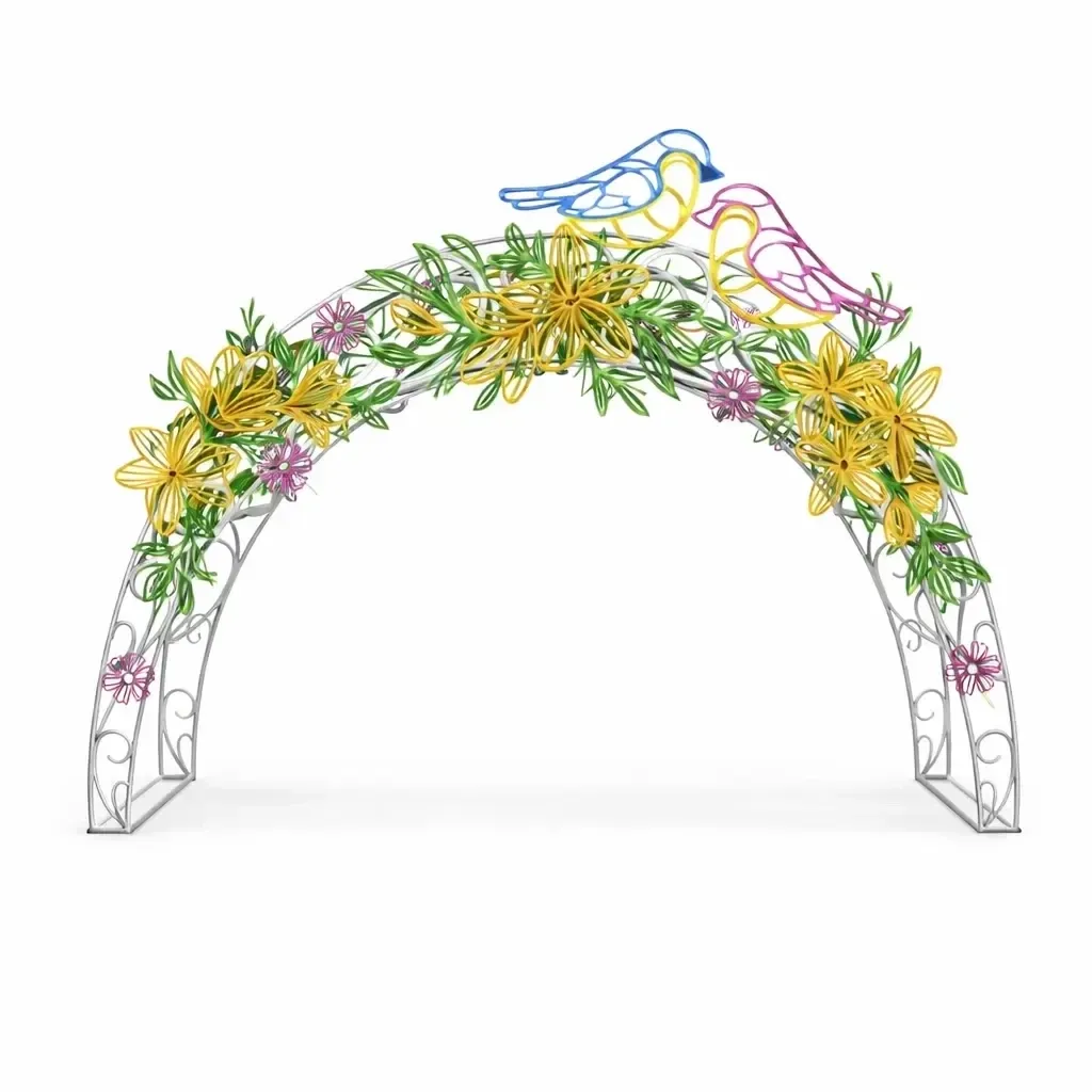 Portail 3D Fleurs et oiseaux de Pâques, 430 × 250 × 60 cm, aluminium, non éclairé