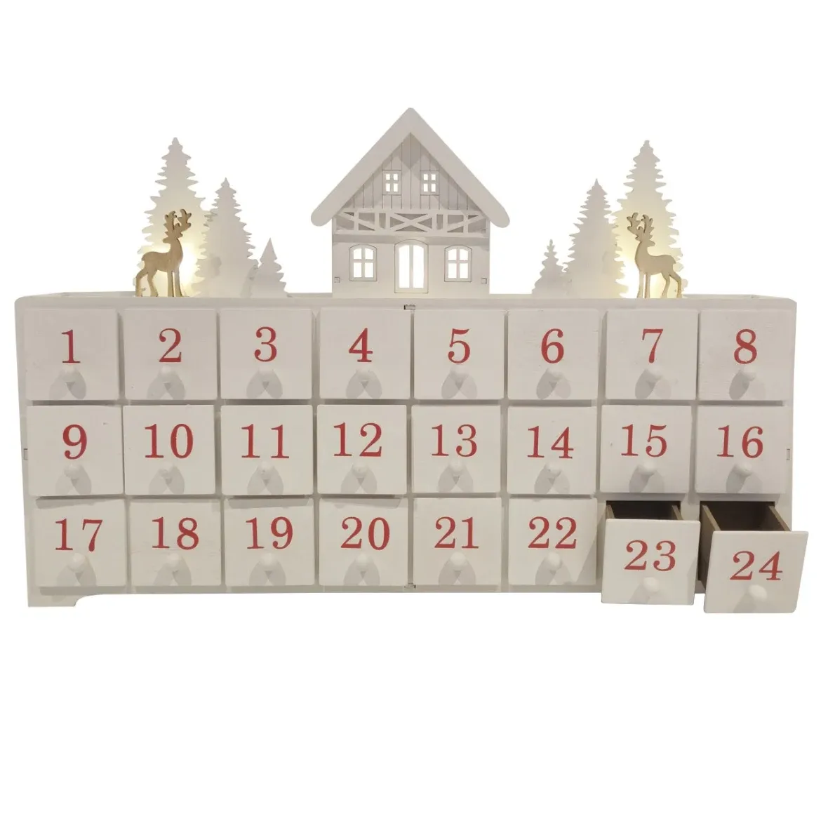 Calendrier de l'Avent à LED, petite maison en bois dans la forêt, 43 × 29 × 8 cm, blanc, rouge et marron, fonctionne avec 2 piles AA