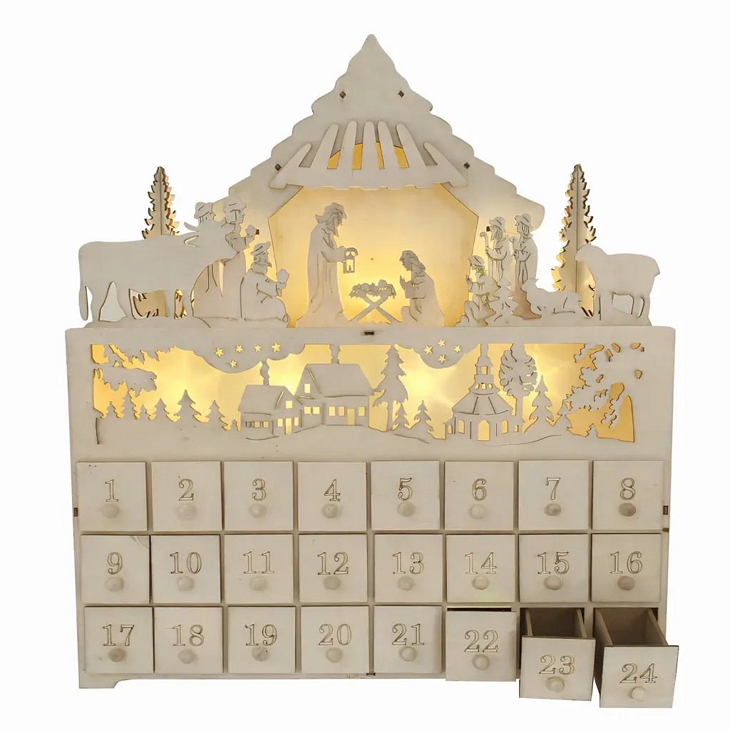 Calendrier de l'Avent LED « Crèche et village », en bois, 43 × 47 × 8 cm, fonctionne avec 2 piles AA