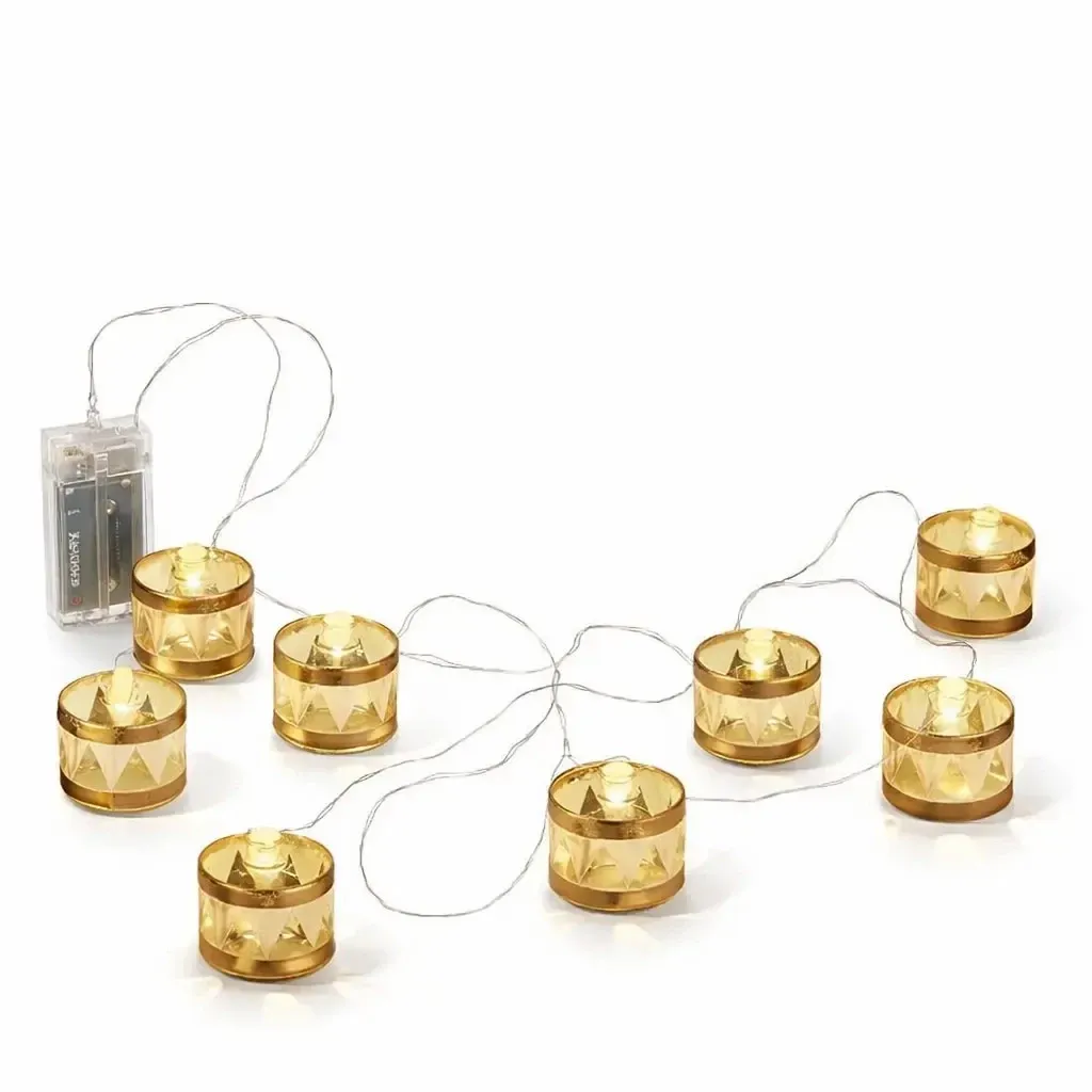 Guirlande lumineuse décorative LED tambours dorés longueur 150 cm, 8 diodes, intérieur, 2× AA