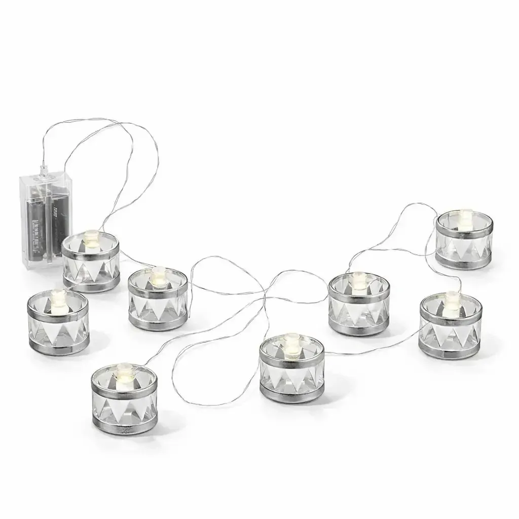Chaîne lumineuse décorative LED 150 cm, tambours argentés, blanc chaud, 8 diodes, intérieur, 2× AA