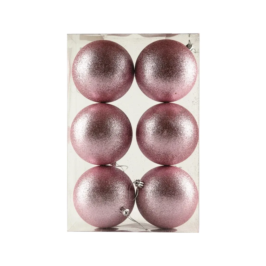 Set de décorations de Noël rose 10 cm, paillettes rose tendre, plastique, paquet de 6