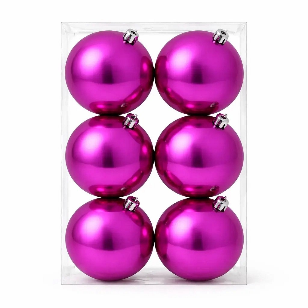 Set de décorations de Noël boule en plastique rose brillant de 10 cm, pack de 6