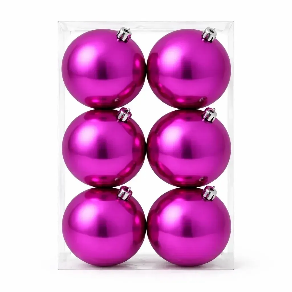 Set de décorations de Noël boule en plastique rose brillant de 10 cm, pack de 6