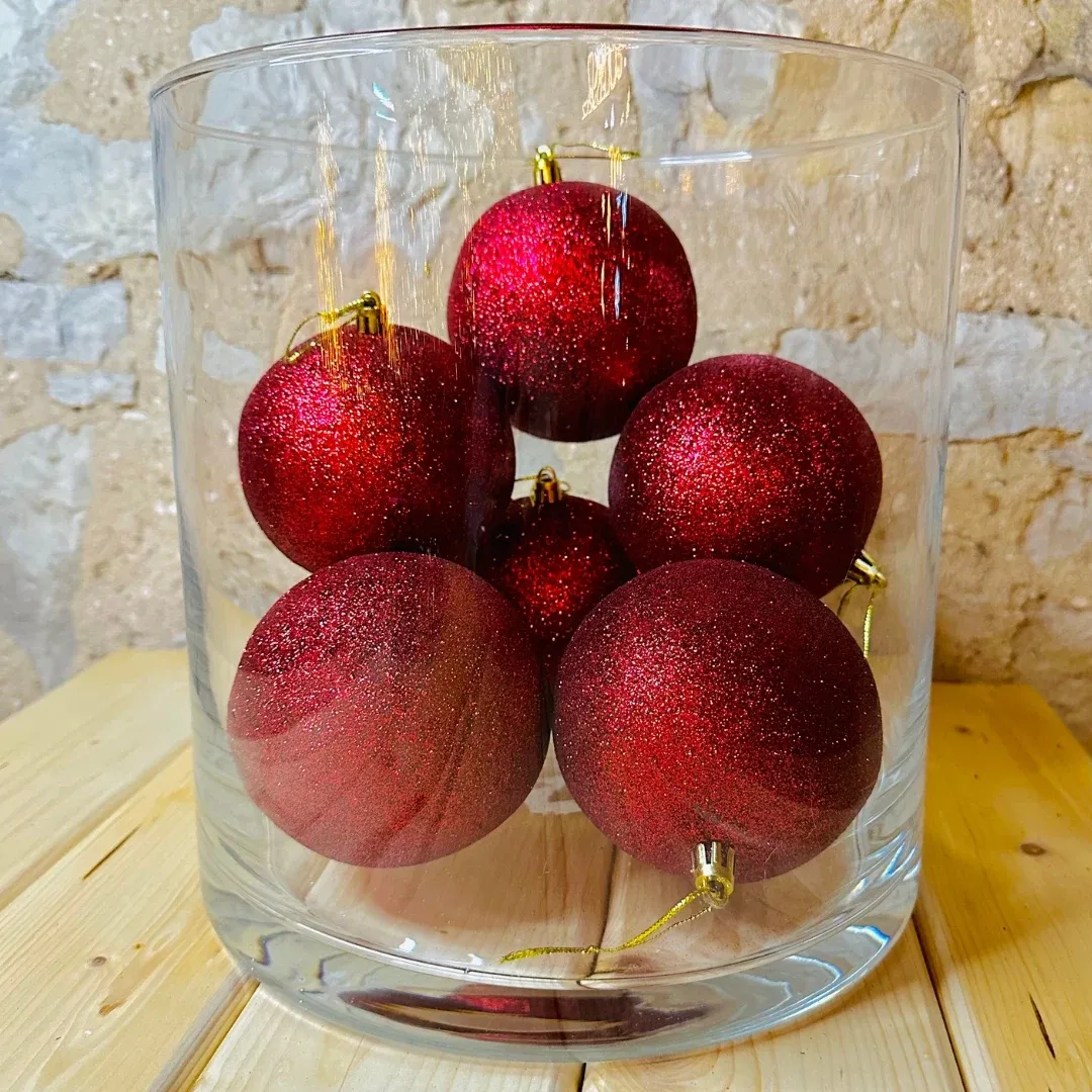 Production - Boules en plastique, d. 8 cm, bordeaux, 12x mat, 12x pailleté