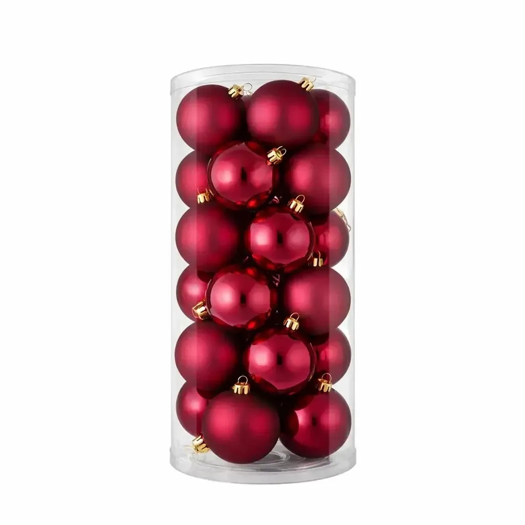 Set de décorations de Noël bordeaux boules en plastique de 8 cm, 12× mat, 12× brillant, set de 24 bannières