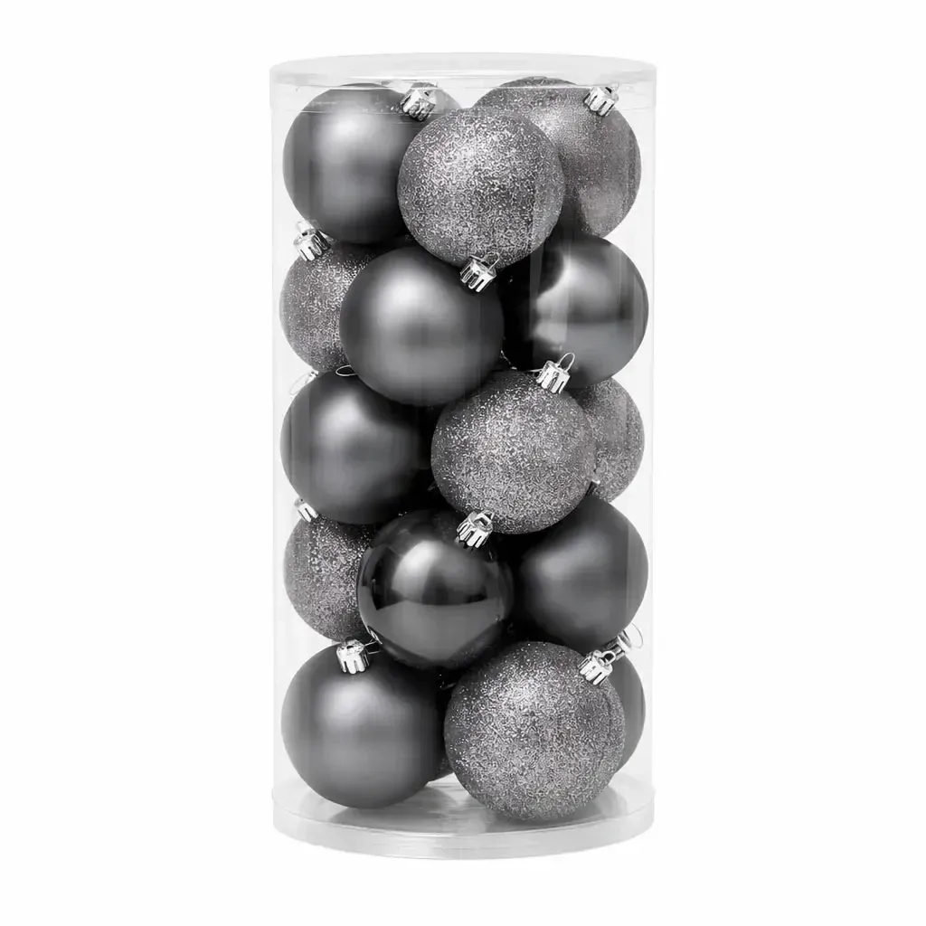 Set de décorations de Noël boules grises en plastique de 8 cm, 12× mat, 12× pailleté, paquet de 24