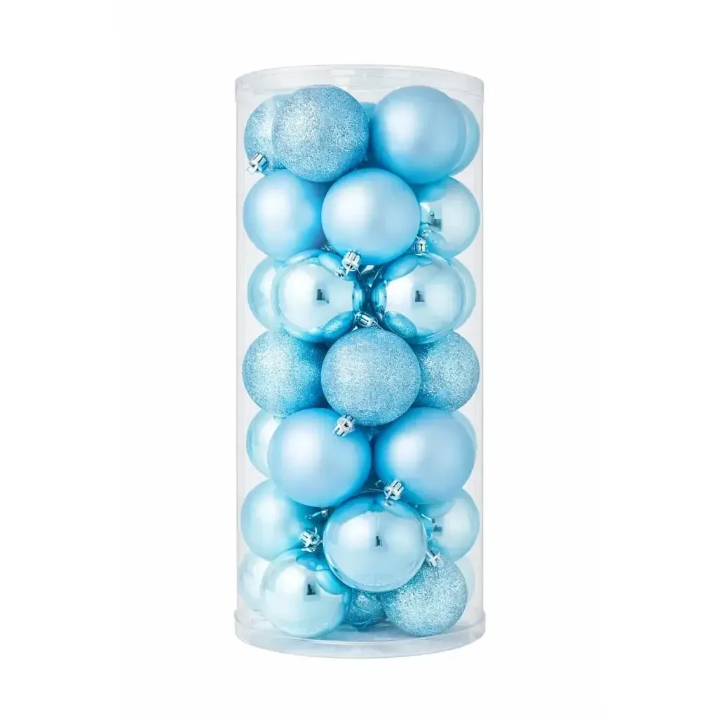 Set de décorations de Noël bleu clair boules en plastique de 8 cm, 8× mat, 8× pailleté, 8× brillant, paquet de 24