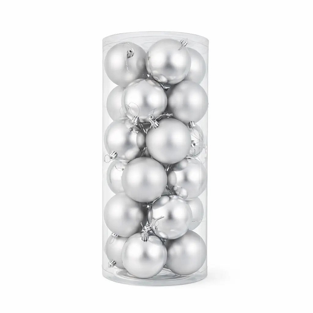 Set de boules de Noël argentées de 8 cm en plastique, 12× brillantes, 12× mates, paquet de 24 pièces
