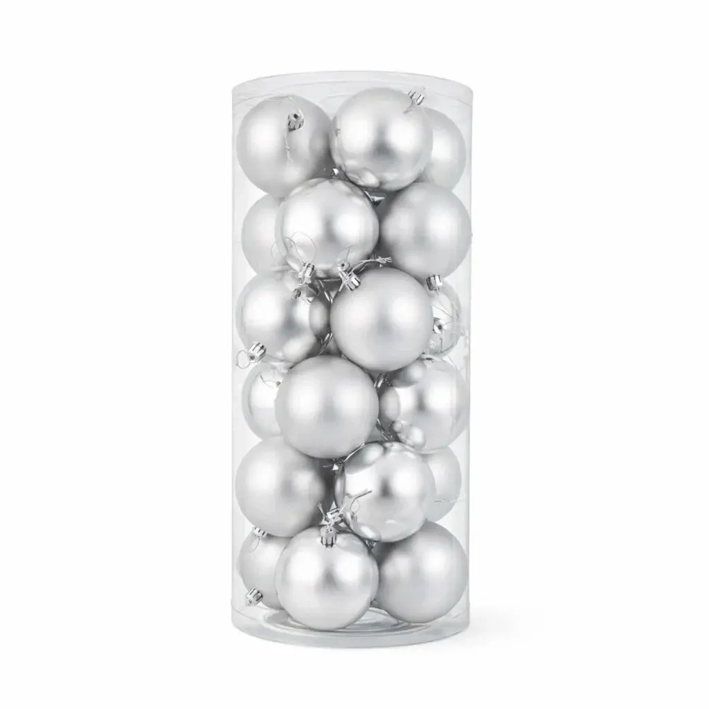 Set de boules de Noël argentées de 8 cm en plastique, 12× brillantes, 12× mates, paquet de 24 pièces