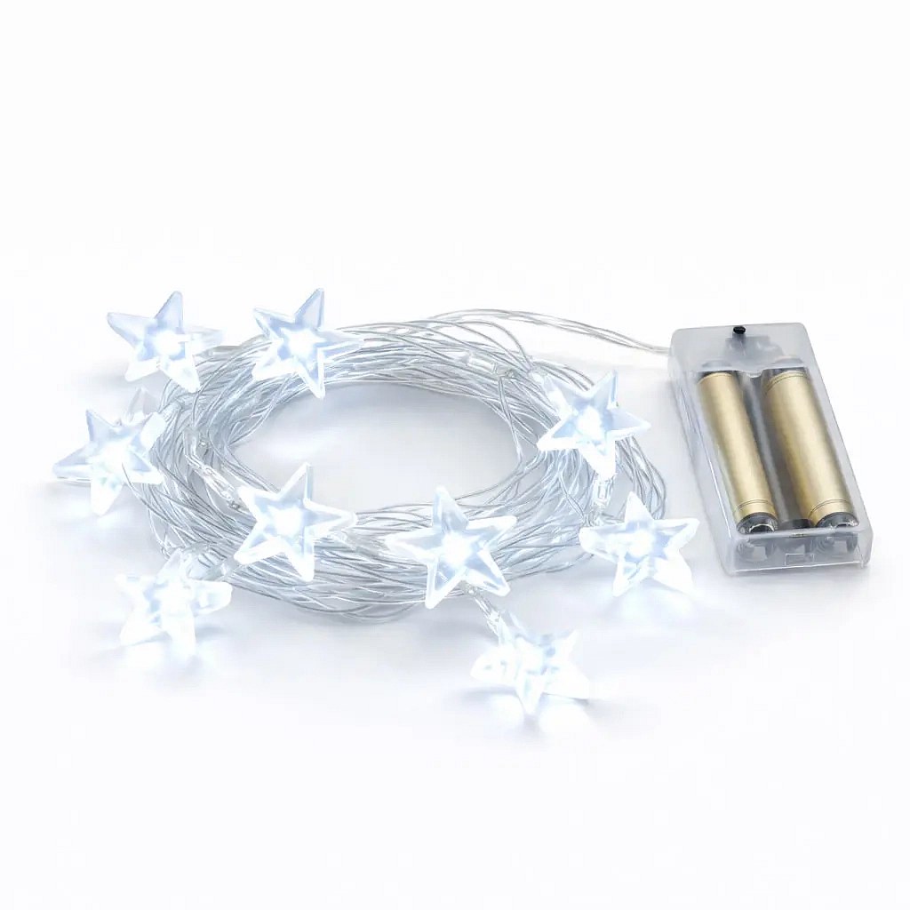 Guirlande lumineuse LED à piles, étoiles, 1,8 m, blanc glacé, câble transparent, IP20, 2 × AA