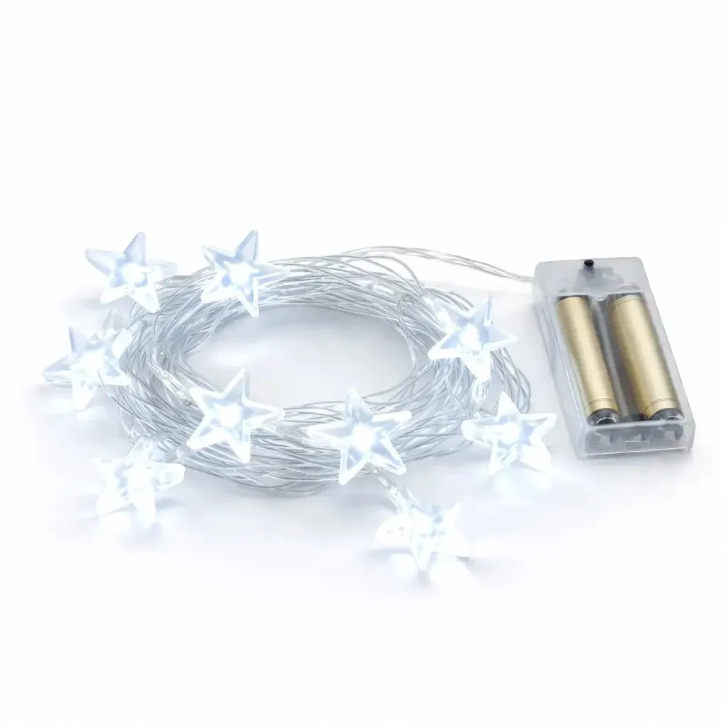 Guirlande lumineuse LED à piles, étoiles, 1,8 m, blanc glacé, câble transparent, IP20, 2 × AA