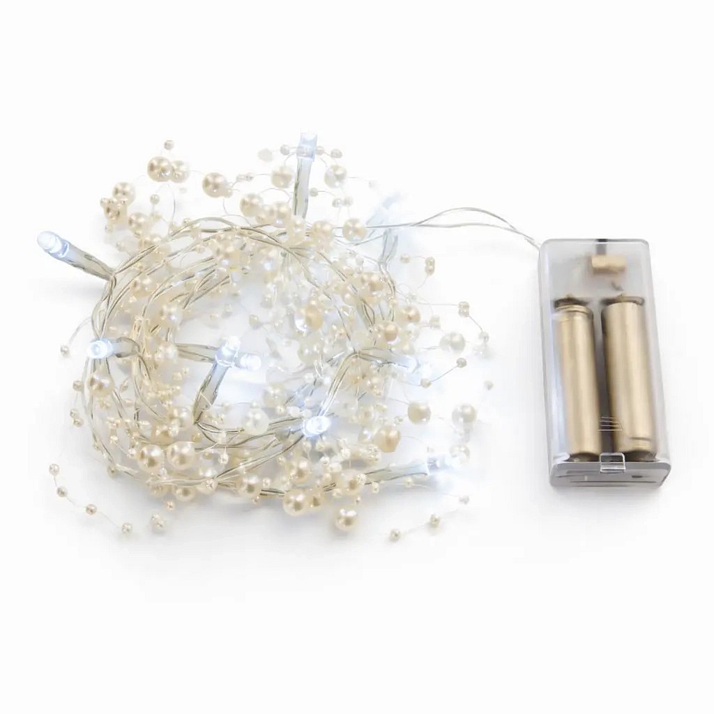 Guirlande lumineuse LED à piles, perles blanches, 1,3 m, blanc glacé, 10 LED, IP20 (intérieur), 2 × AA
