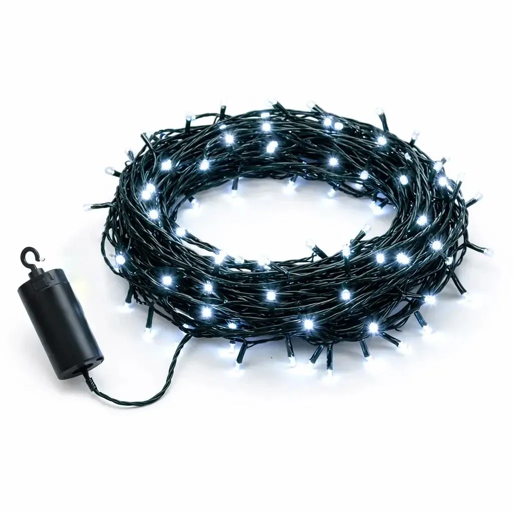 Guirlande lumineuse LED à piles, d'extérieur, 10,2 m, blanc glacé, 100 LED, câble vert foncé, IP44, 4 piles AA