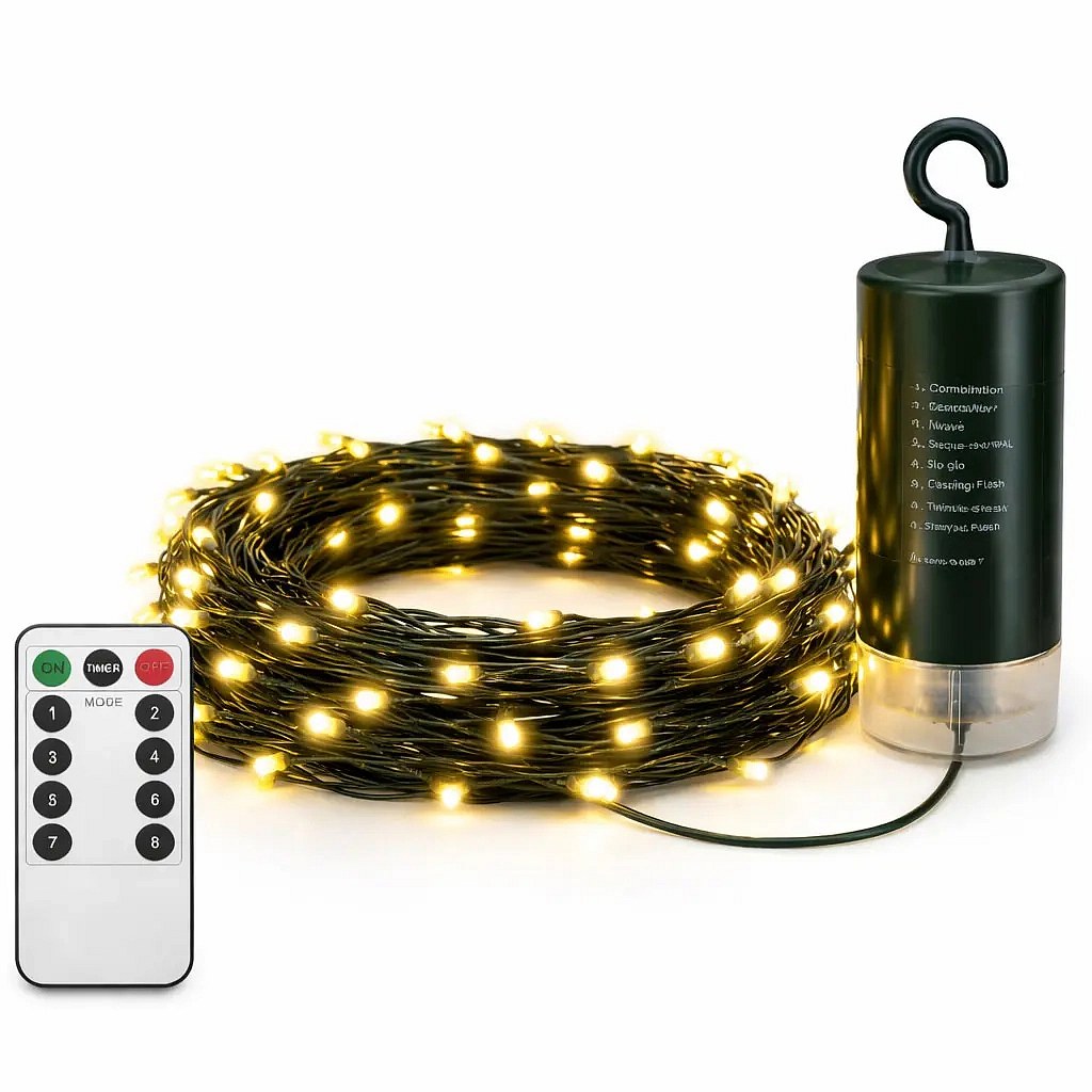 Guirlande lumineuse LED à piles, d'extérieur, 10,2 m, blanc chaud, 100 LED, câble vert foncé, IP44, 4 piles AA