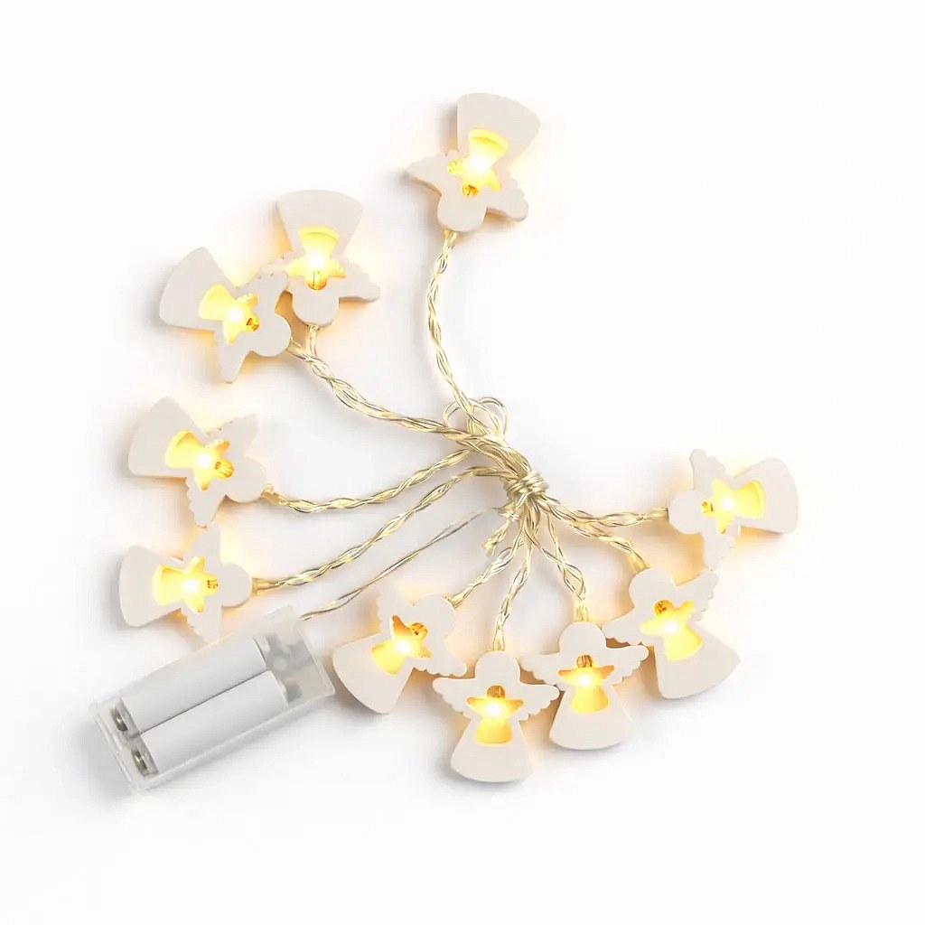 Guirlande lumineuse LED à piles, petits anges en bois, 2 m, blanc chaud, 10 LED, câble transparent, IP20 (usage intérieur), 2 × AA