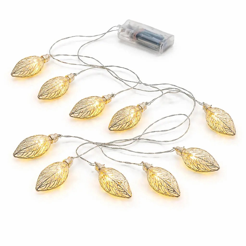 Guirlande lumineuse LED à piles, feuilles métalliques, 1,8 m, blanc chaud, 10 LED, câble transparent, IP20 (intérieur), 2 × AA