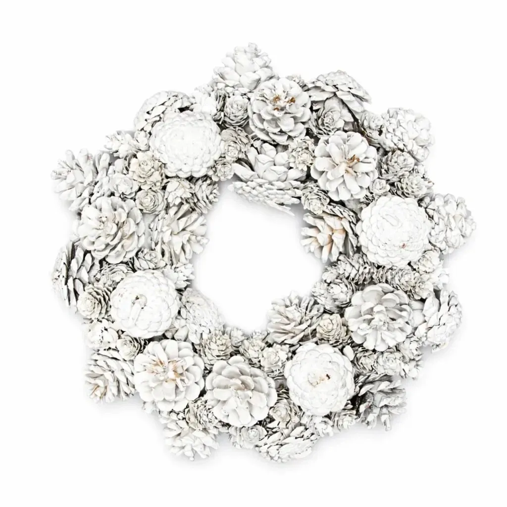 Couronne de porte de Noël en pommes de pin 30 cm, blanche, naturelle