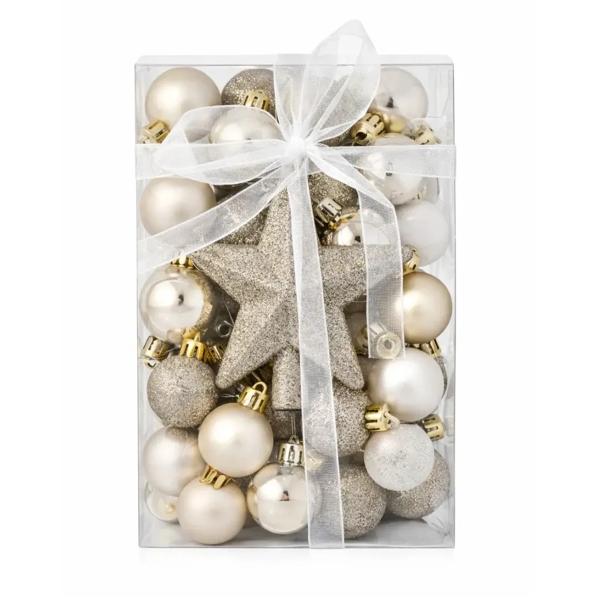 Lot de décorations de Noël champagne et blanc flacons en plastique de 3 cm et pointe pailletée, lot de 28 flacons et 1 pointe