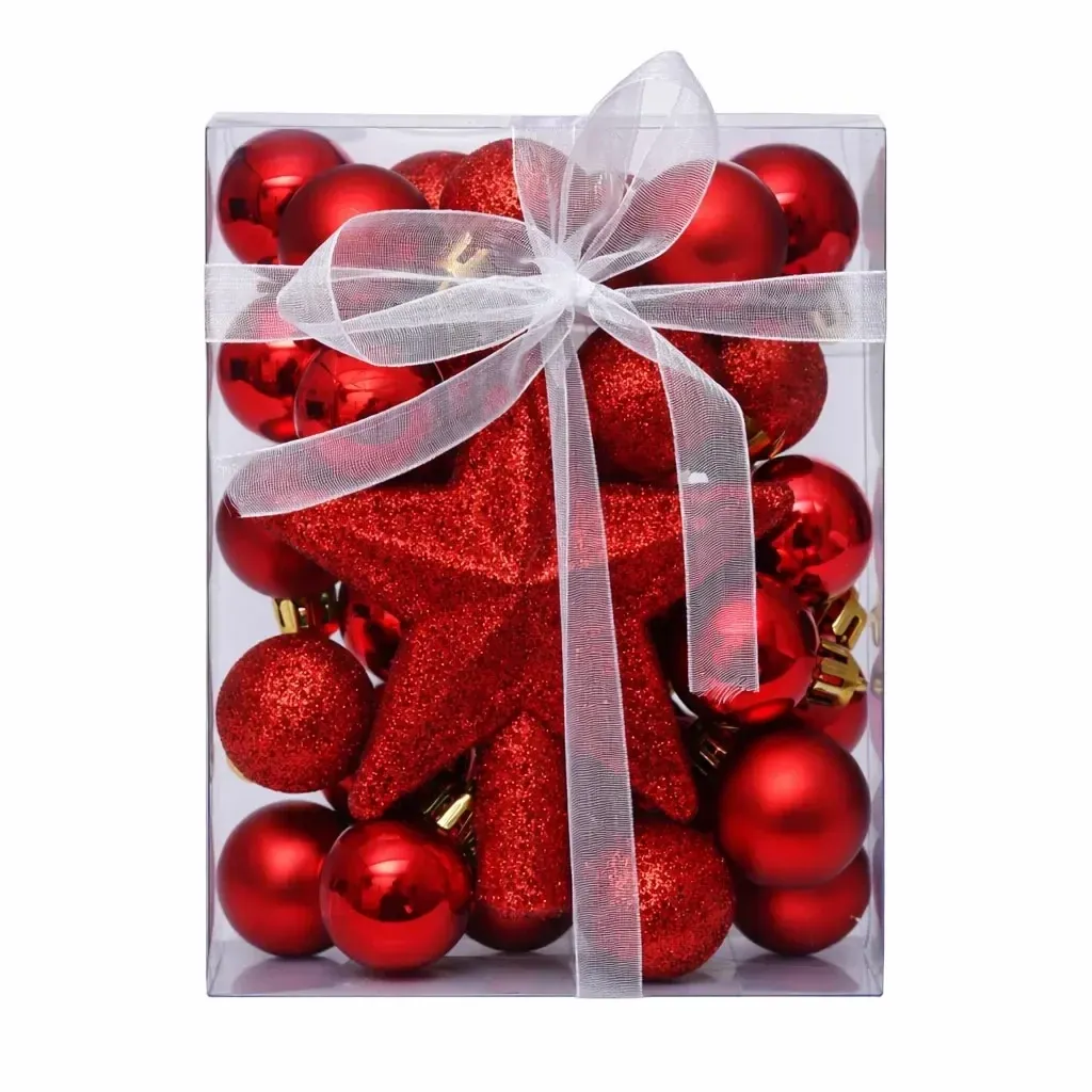 Set de décorations de Noël rouge 3 cm boules en plastique et paillettes étoile 10,5 cm, pack de 29 bannières et pointes