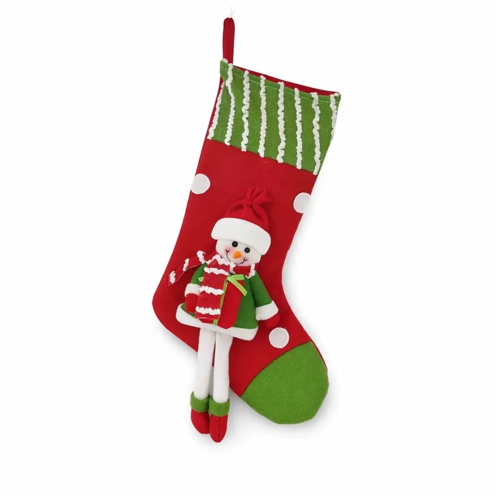 Décoration de Noël bas avec poupée, 50 cm, tissu, rouge et vert, intérieur