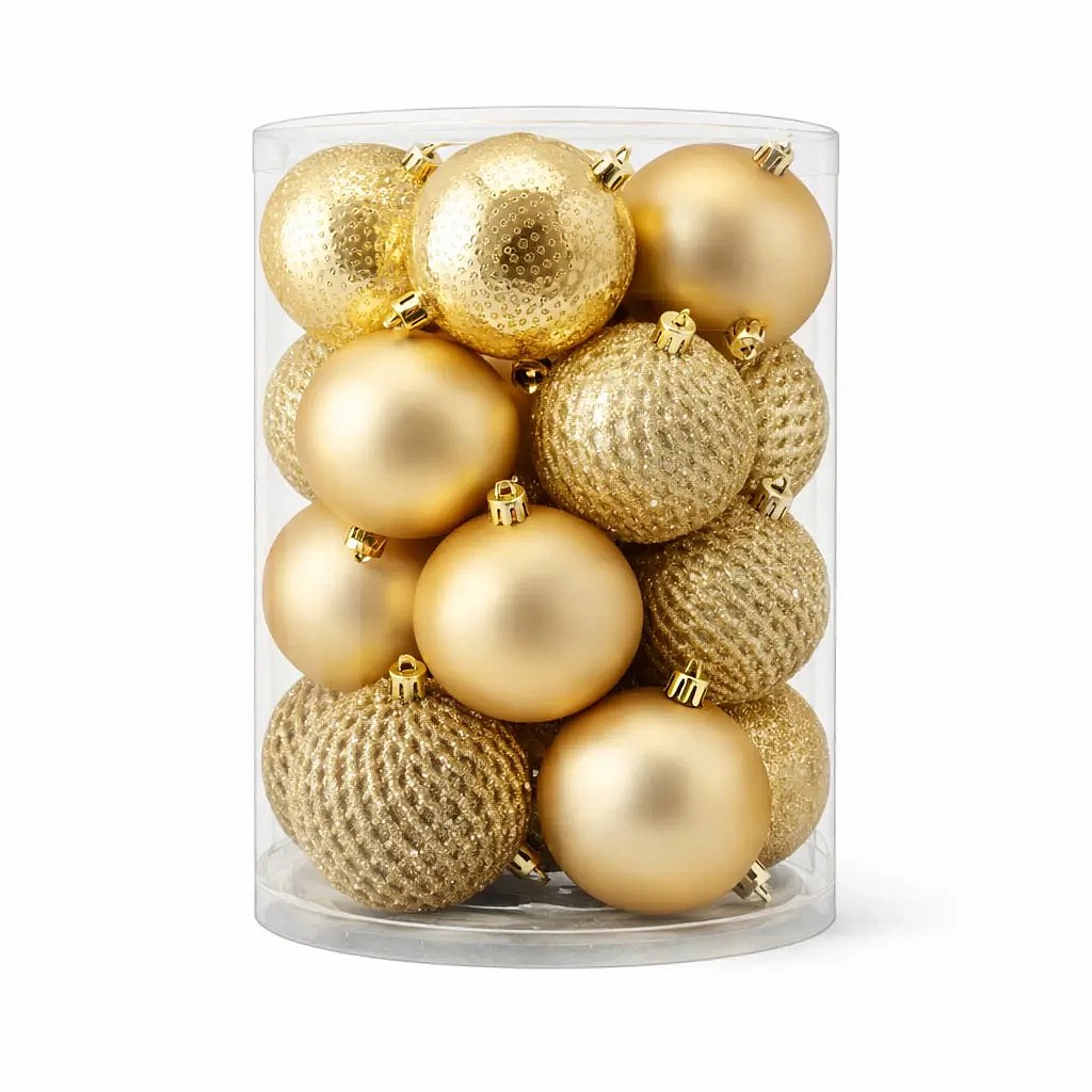 Set d'ornements de Noël or 8 cm flacon en plastique, 4× froissé, 4× mat, 4× pailleté, paquet de 16 pcs