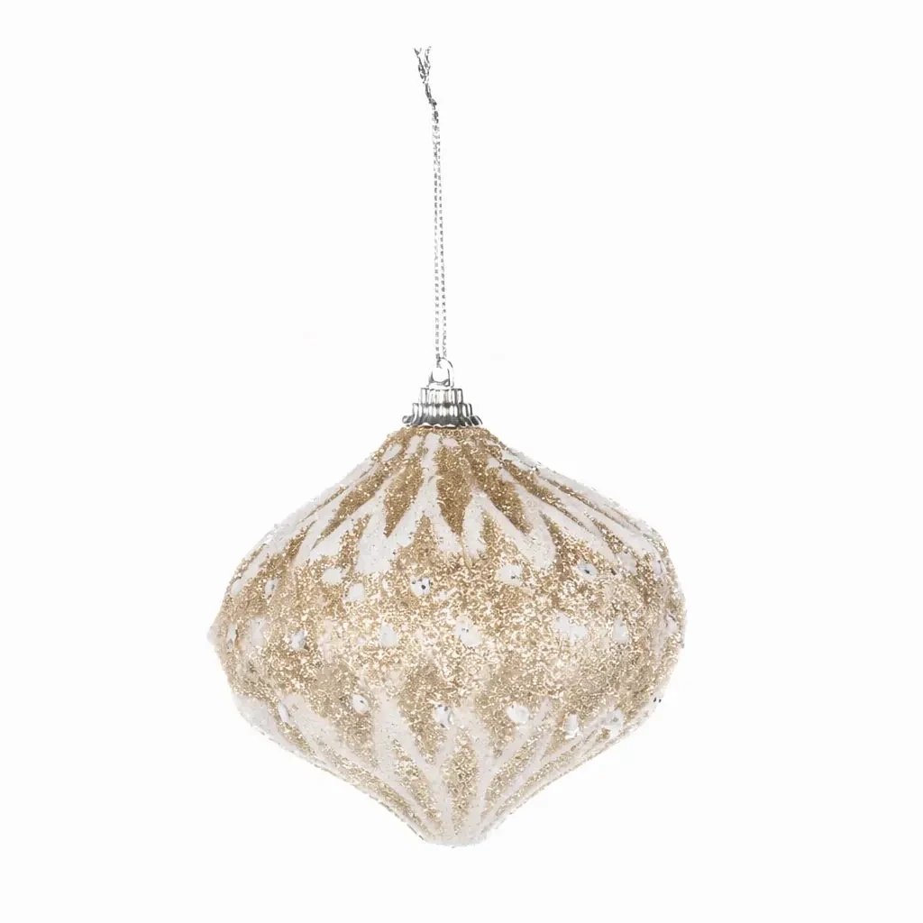 Ornement de sapin de Noël pailleté 10 cm, blanc doré, polystyrène, IP44 extérieur