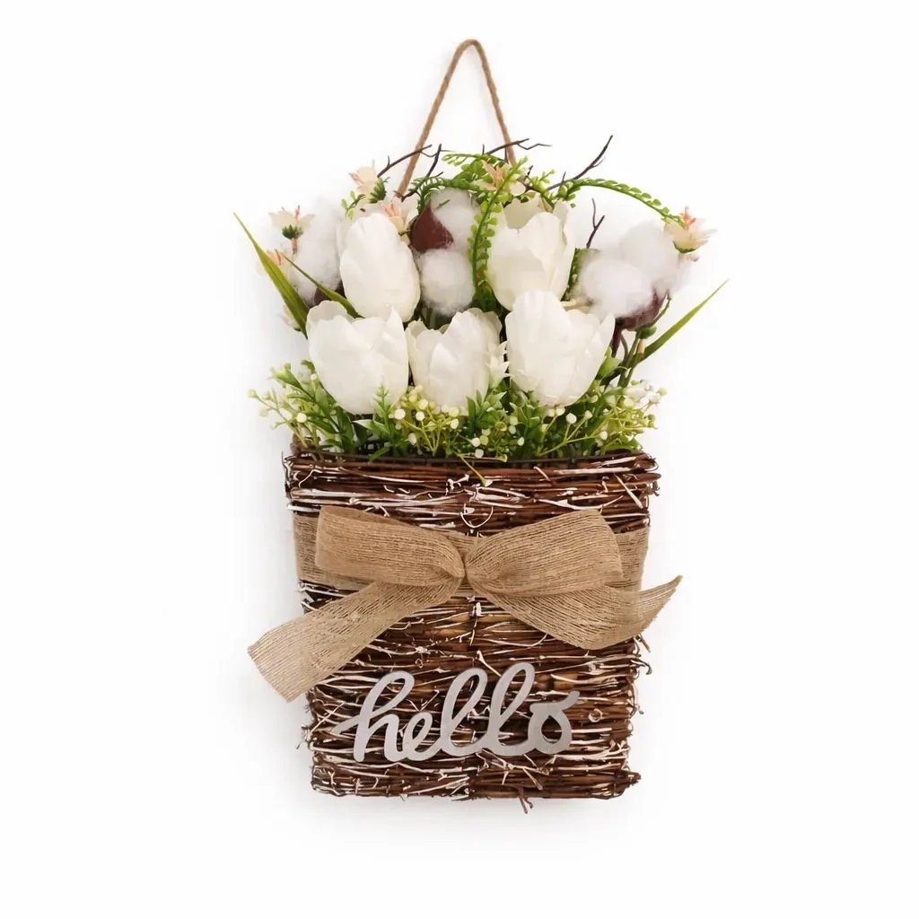 Décoration printanière fleurs blanches 23 × 40 cm, osier et plastique, IP44, extérieur