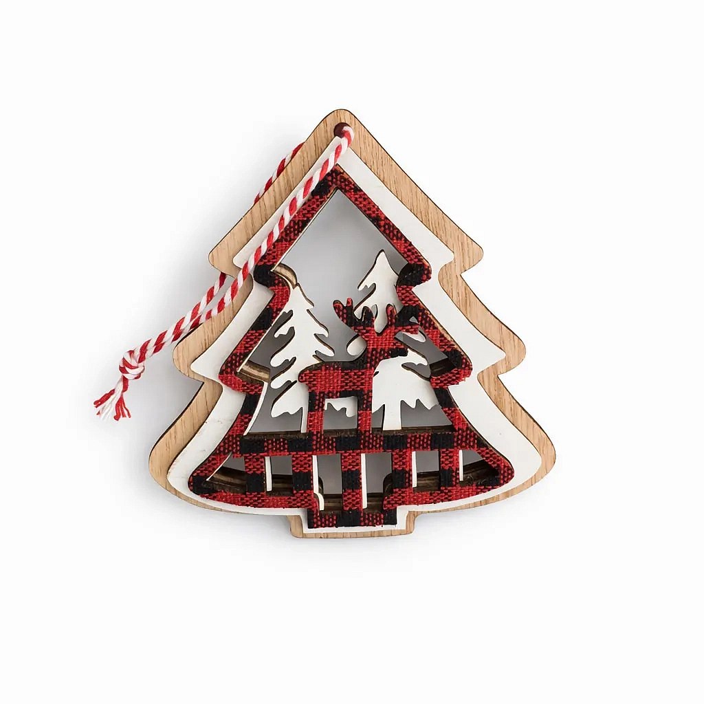 Ornement de sapin de Noël en bois avec un renne dans la forêt, 9,5 × 10,5 cm, à suspendre