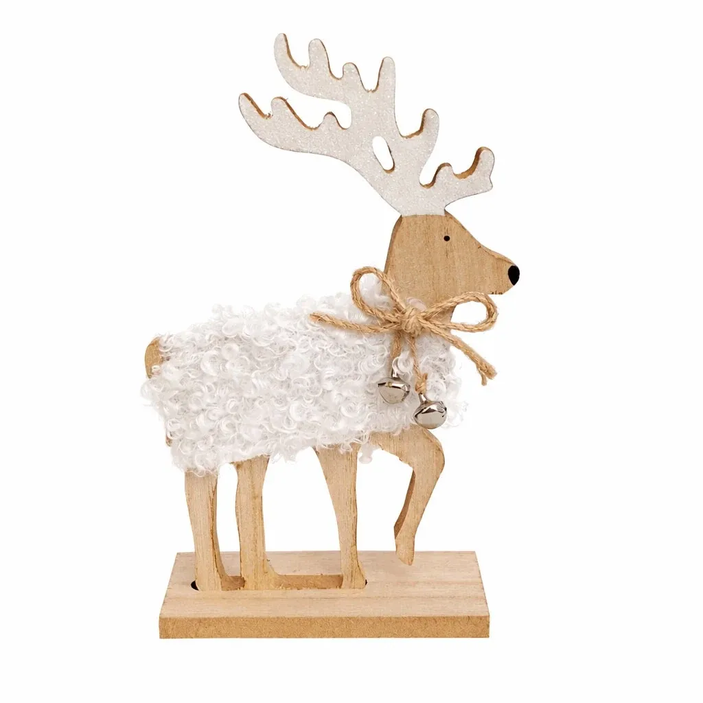 Décoration de table de Noël en bois, cerf avec clochettes, 12,5 × 20,5 cm, blanc, sur pied