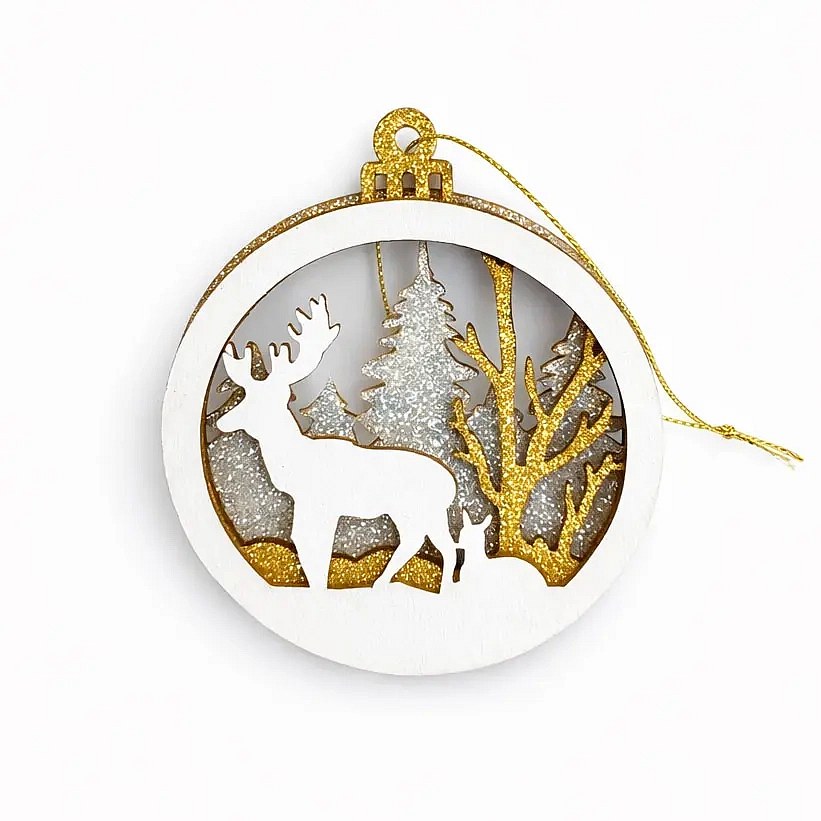Ornement de Noël en bois cerf et forêt 8,5 cm, à suspendre, blanc doré argenté