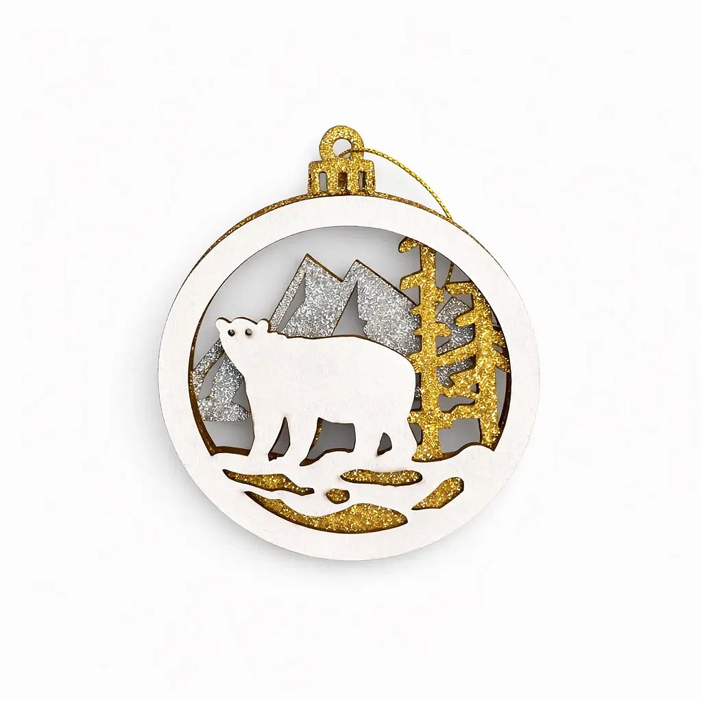 Ornement de Noël en bois ours 8,5 cm, à suspendre, blanc doré argenté