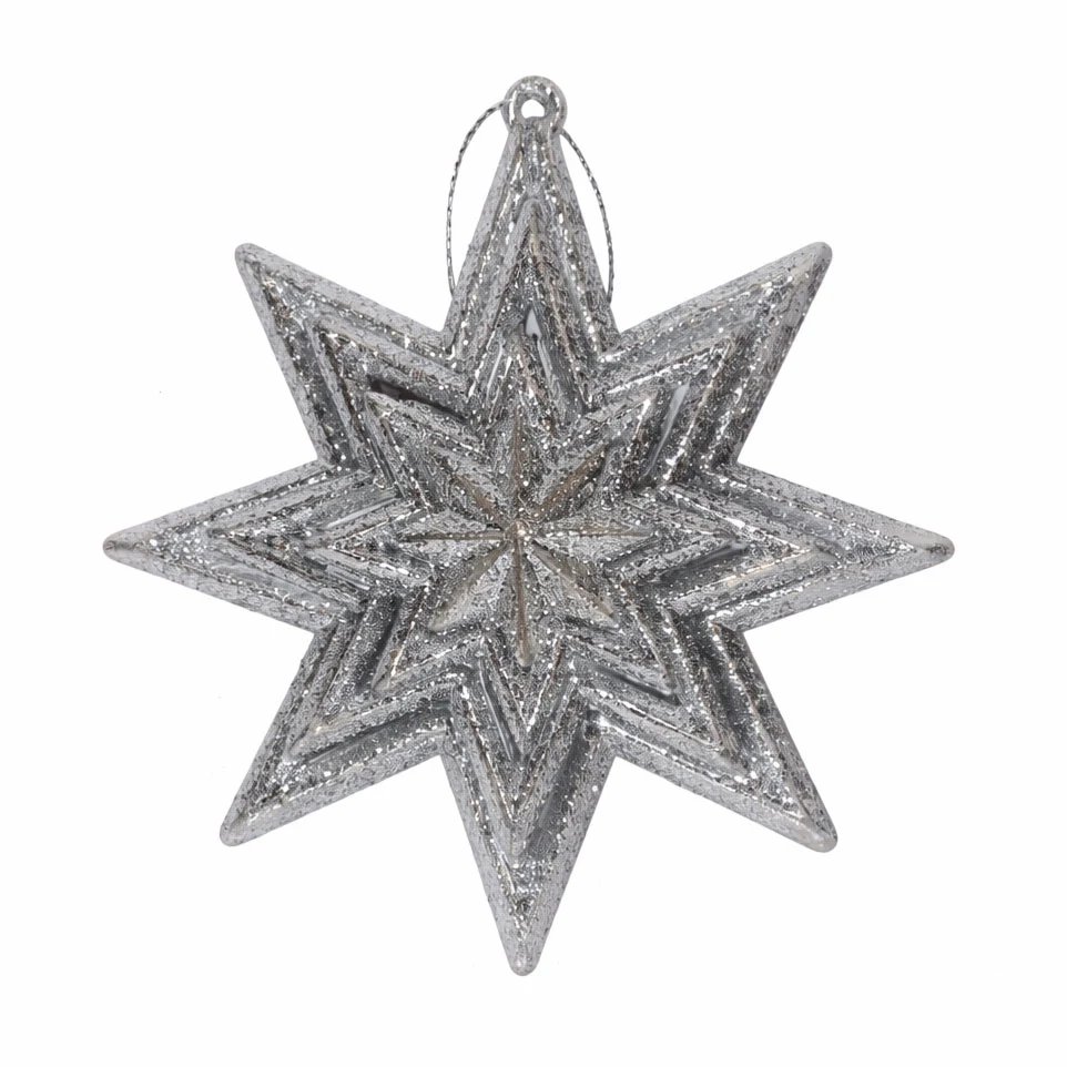 Ornement de sapin de Noël étoile 10,5 cm, argent, plastique, à suspendre