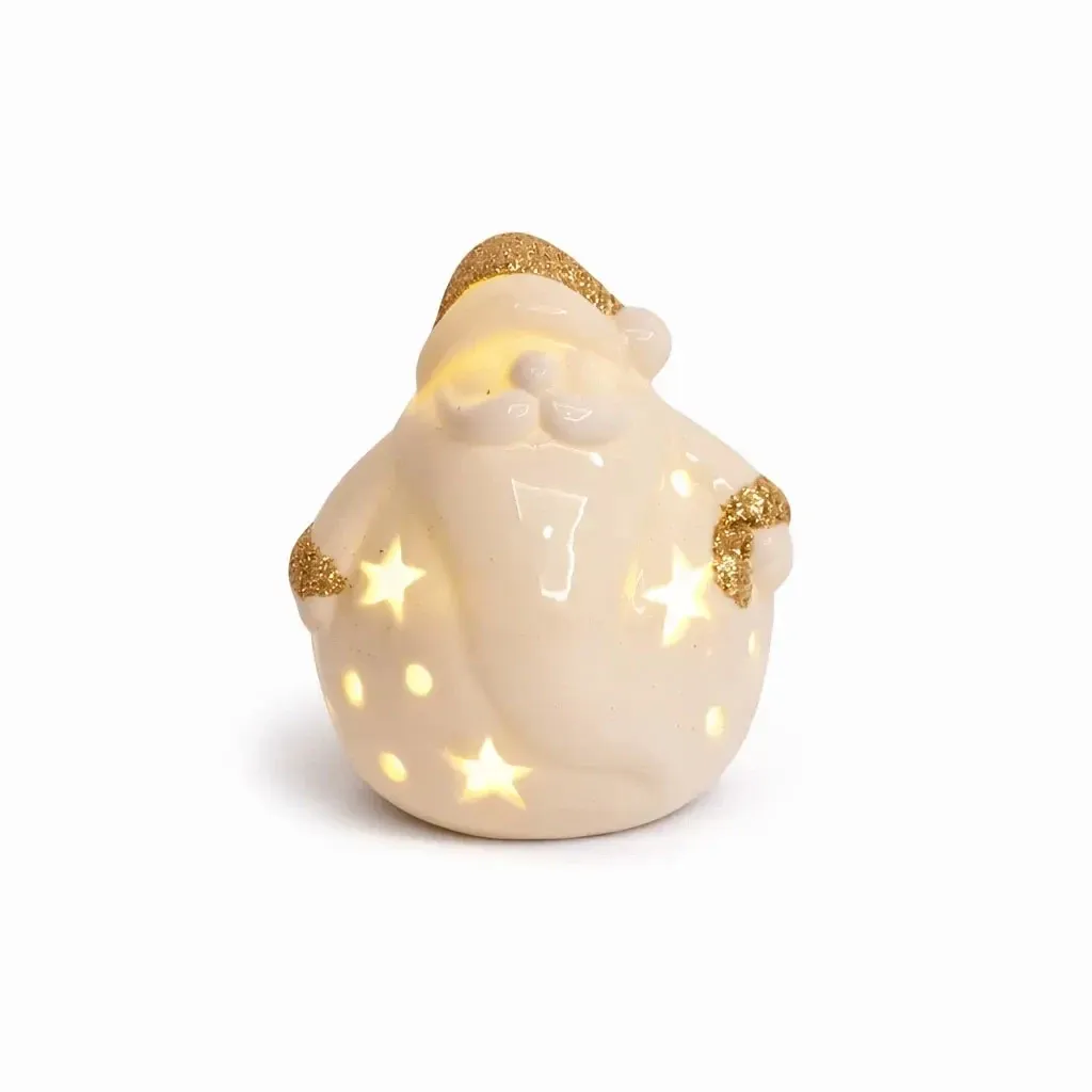 LED Père Noël en céramique, 7,6 × 7 × 7,8 cm, blanc chaud, 2× LR44