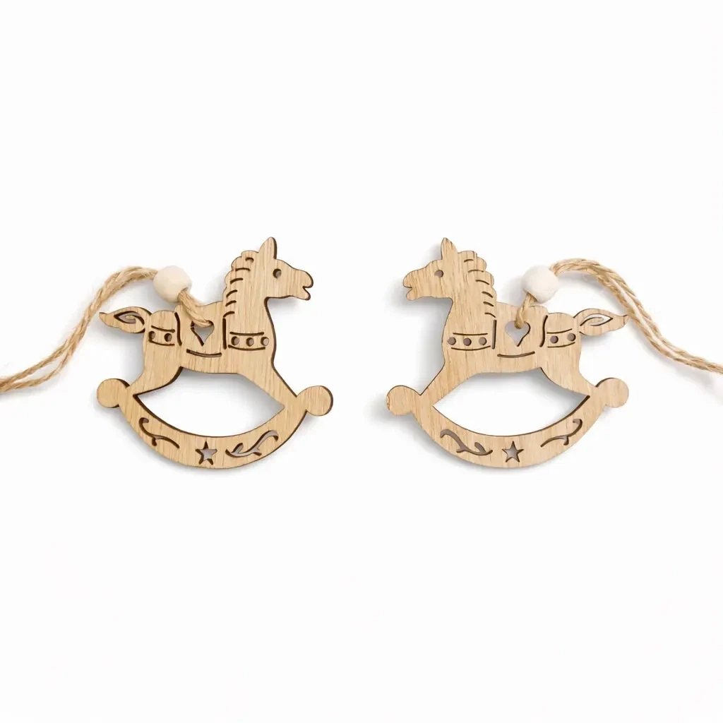 Ornement de Noël en bois cheval à bascule 7 cm, à suspendre, lot de 2