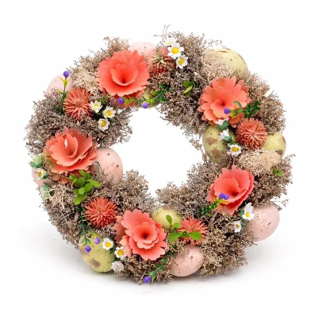 Couronne de porte de Pâques 30 × 30 × 8 cm, fleurs roses, plastique, extérieur