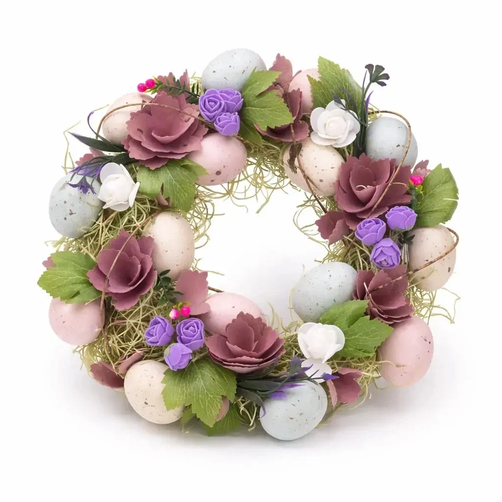 Couronne de porte de Pâques 30 × 30 × 8 cm, plastique osier, fleurs violettes et roses, extérieur